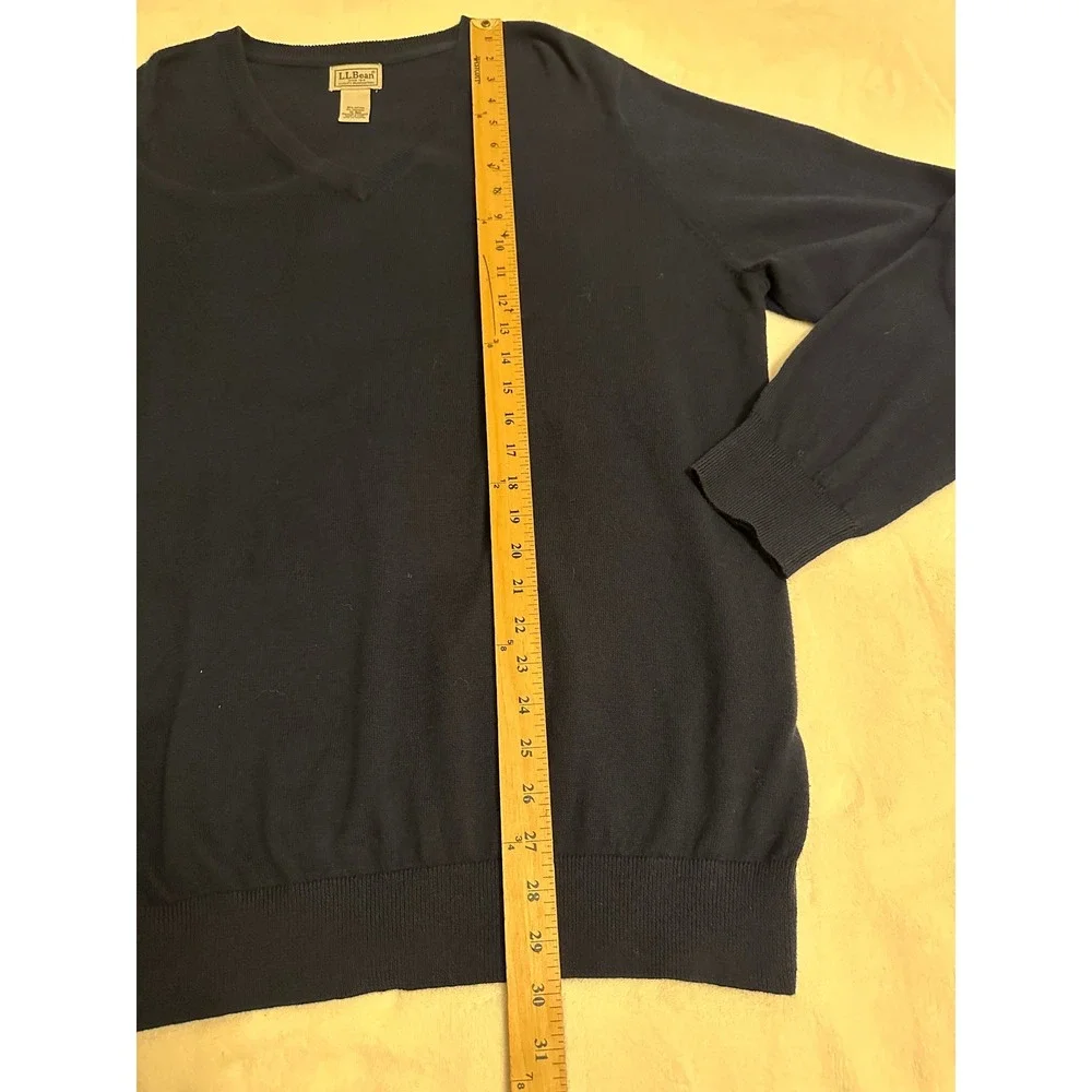 LL Bean Mens XL Navy Blue Cotton Cashmere V-Neck Sweater work Casual layer